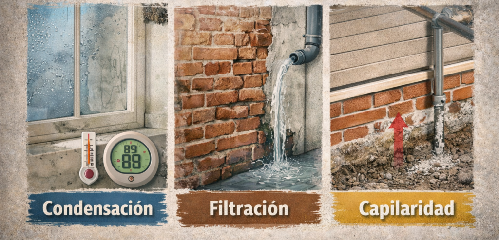 Tipos de humedad más frecuentes en casa: condensación en ventanas, filtración por grietas y capilaridad desde cimientos