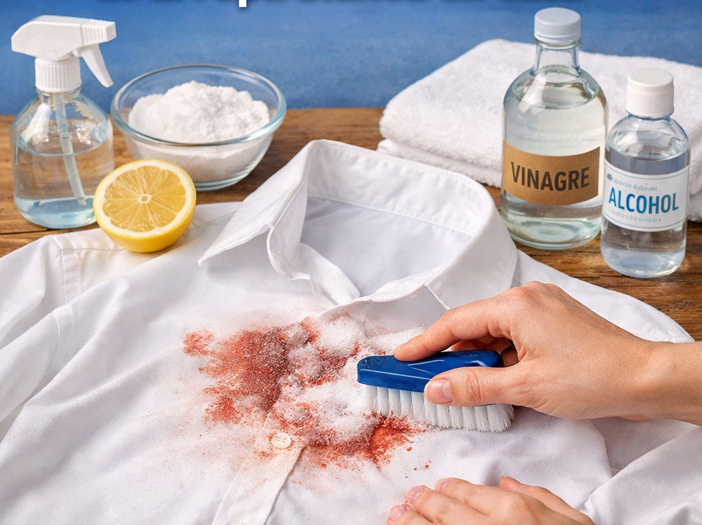 Camisa blanca con manchas difíciles siendo tratada en el hogar