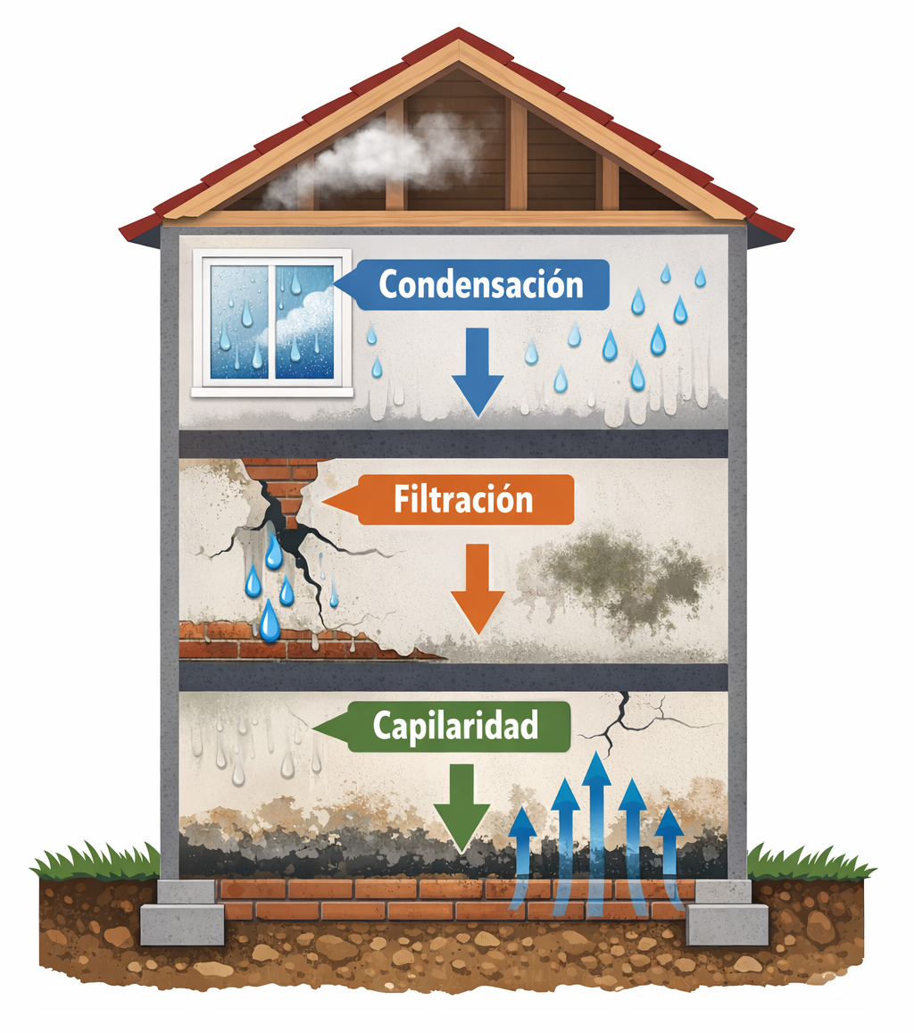Casa en corte vertical mostrando tipos de humedad: condensación en ventanas, filtración en paredes y capilaridad desde cimientos