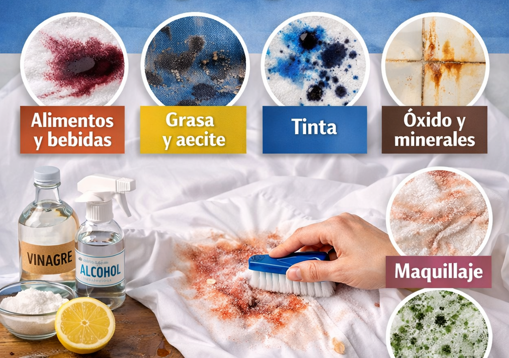 Mancha de vino y alimentos en tela siendo tratada con limpieza casera en el hogar